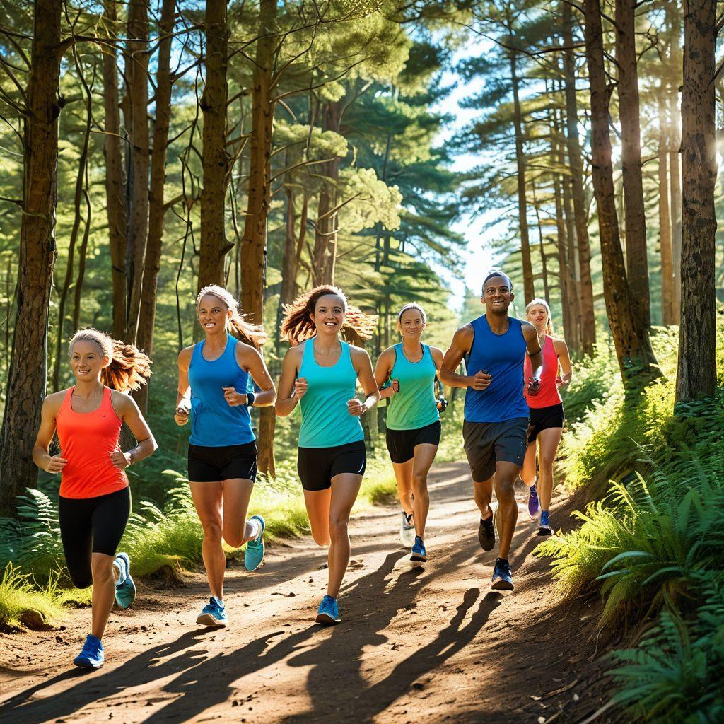 An inspiring outdoor scene featuring a diverse group of runners on a sunny trail, showcasing different fitness accessories like water bottles, fitness trackers, and lightweight backpacks. The background should depict lush greenery and a clear blue sky, highlighting the contrast between nature and athleticism. Include dynamic movement to capture the energy of the runners as they navigate the trail. vibrant colors. super-realistic.