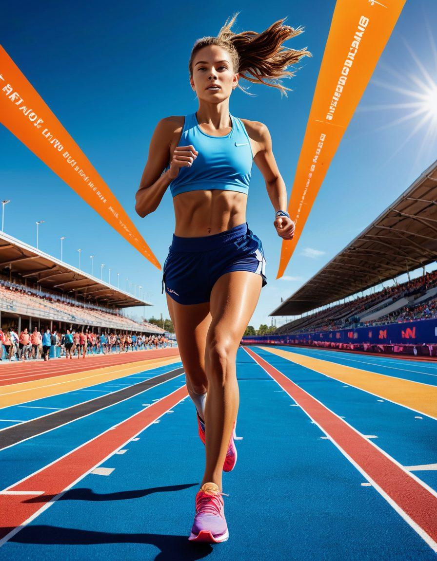 A dynamic runner in motion, surrounded by an array of colorful athletic gear like shoes, apparel, and accessories, each labeled with highlighting features. The background showcases a vibrant outdoor running track under a clear blue sky. Include elements of motivation, like inspirational quotes subtly integrated into the scene. Capture the essence of energy and choice in athleticism. super-realistic. vibrant colors. 3D.