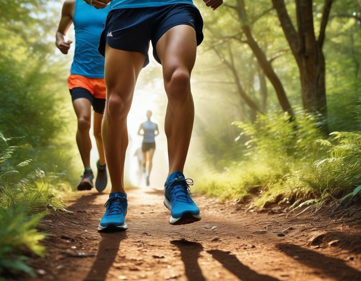 A dynamic scene featuring a diverse group of runners on a sunlit trail, showcasing essential running gear like high-tech shoes, moisture-wicking clothing, and fitness watches. The background includes trees and a bright blue sky, symbolizing energy and vitality. Close-ups of the gear highlight their features while the runners exude determination and joy. The image inspires viewers to gear up for their running journey. vibrant colors. super-realistic.